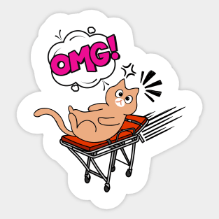 Funny orange Cat is on a runaway stretcher Sticker